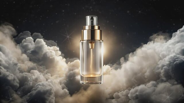 A glass perfume bottle with a golden cap, suspended against a backdrop of white fluffy clouds.