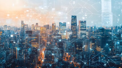 Obraz premium Modern cityscape network icons double exposure. 