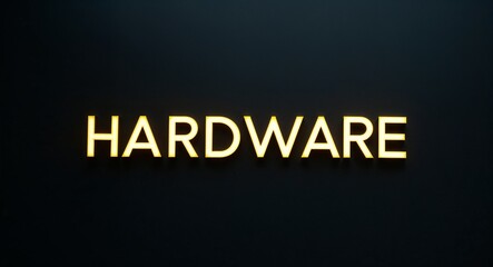 Hardware word lettering with yellow glow on plain black dark background
