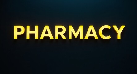 Obraz premium Pharmacy word lettering with yellow glow on plain black dark background