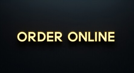 order online word lettering with yellow glow on plain black dark background