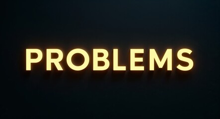 Obraz premium problems word lettering with yellow glow on plain black dark background
