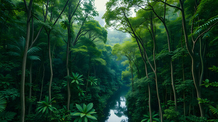 Hyper Realistic Aerial Photography of a Dense Tropical Rainforest with Vibrant Green Canopy and Serene River Reflection