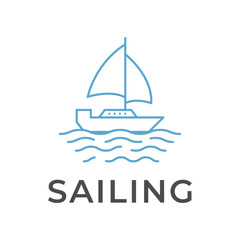 sailing boat logo design concept outline style with wave beach