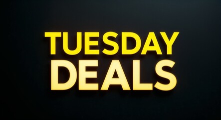 Fototapeta premium Tuesday deals word lettering with yellow glow on plain black dark background