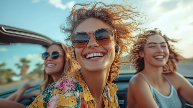 A group of friends on a Sunday road trip, with open windows, wind in their hair, and music playing, Sunday road trip joy, adventure vibes