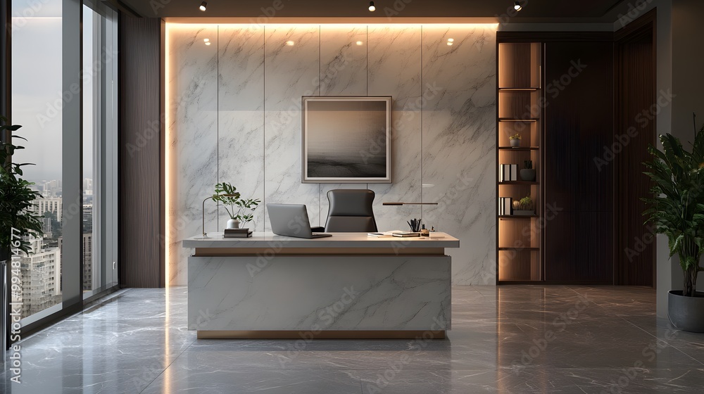 Poster a photo of a modern indoor workspace with marble finishes, a minimalist desk setup, and soft ambient