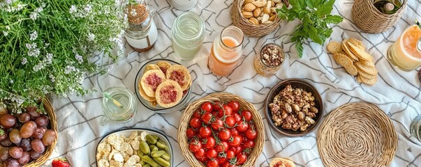 A picnic blanket spread with snacks and drinks, surrounded by friends on a lazy Sunday afternoon, Sunday picnic joy, weekend vibes