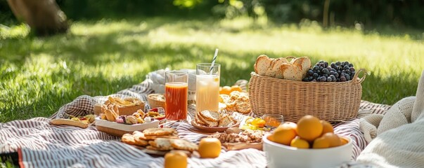 A picnic blanket spread with snacks and drinks, surrounded by friends on a lazy Sunday afternoon, Sunday picnic joy, weekend vibes