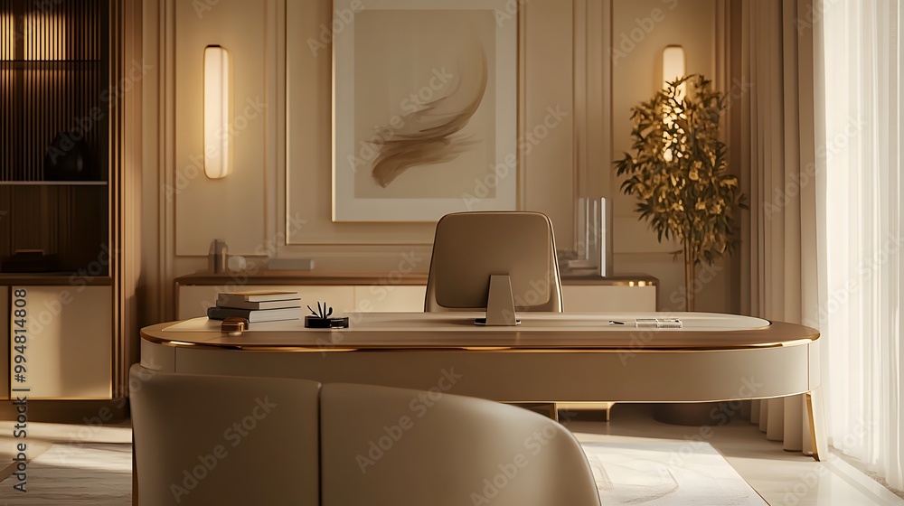 Poster a luxurious indoor office setup with a sleek desk, soft lighting, and gold accents, creating a comfo