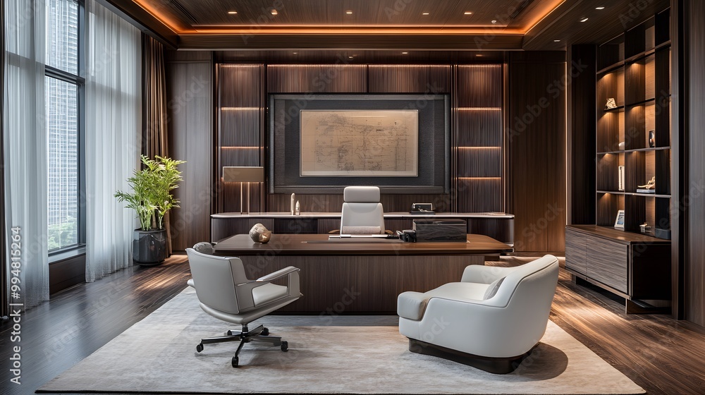 Poster a luxurious workspace with clean lines, plush seating, and a high-end desk, designed for a comfortab