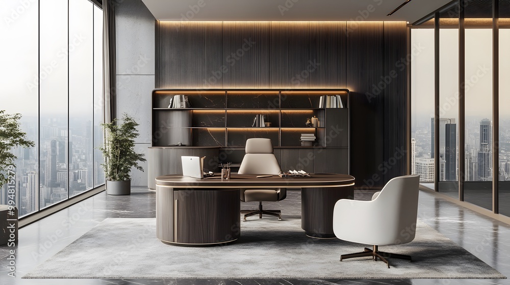 Poster a luxurious workspace with clean lines, plush seating, and a high-end desk, designed for a comfortab
