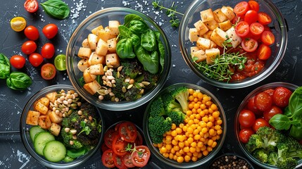 Healthy meal prep containers with chickpeas, chicken, tomatoes, cucumbers and avocados. Healthy lunch in glass containers on beige rustic background. Zero waste concept. Selective focus.