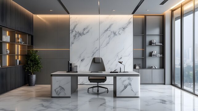 A sleek indoor office with marble finishes, soft lighting, and minimalist decor, creating an elegant and comfortable work environment, captured in portrait composition.