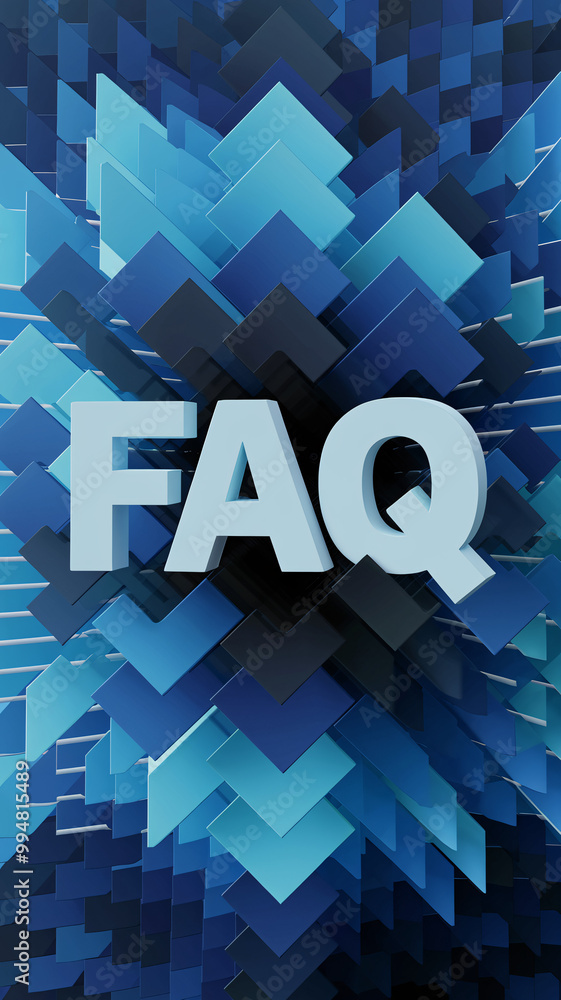 Poster abstract blue 3d faq text with layered block design, futuristic typography