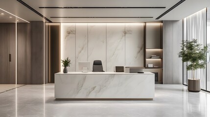 Fototapeta premium A sleek indoor office with marble finishes, soft ambient lighting, and minimalist decor, creating an elegant and comfortable work environment, captured in portrait composition.