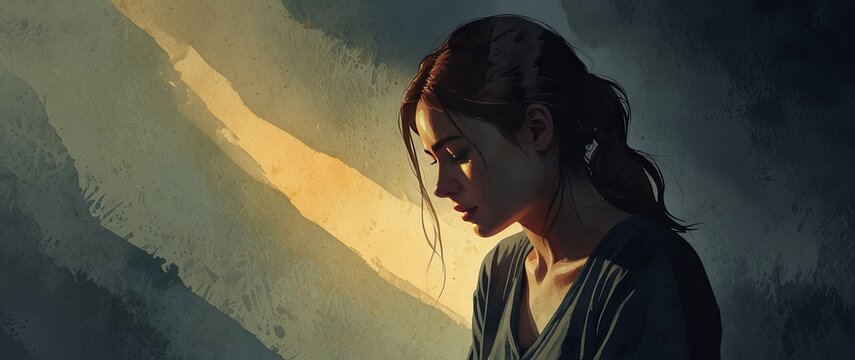 Depressed woman watercolor painting under colorful moody background symbolizing bad emotional state