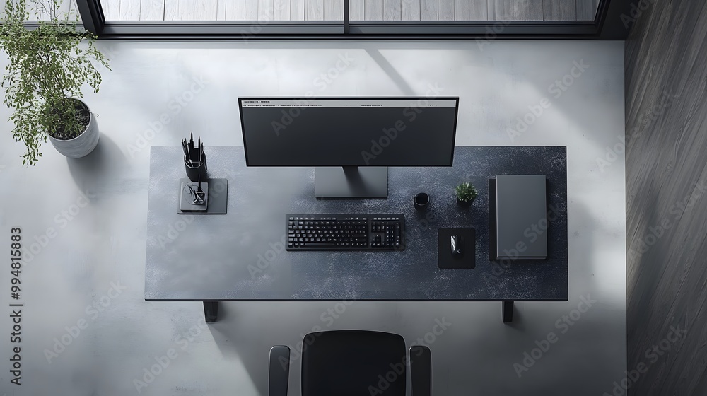 Poster A minimalist workspace featuring a desk with only a single monitor and a keyboard, with no other distractions in the indoor environment, captured from a birds-eye view.