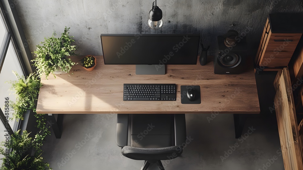 Poster A minimalist workspace featuring a desk with only a single monitor and a keyboard, with no other distractions in the indoor environment, captured from a birds-eye view.