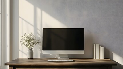 Fototapeta premium A portrait photo of a sleek, clutter-free desk with a computer monitor and nothing else, highlighting the simplicity of the workspace.