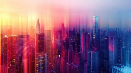 Fototapeta premium An abstract cityscape with vibrant, shifting colors blending into the buildings, representing creativity in urban life