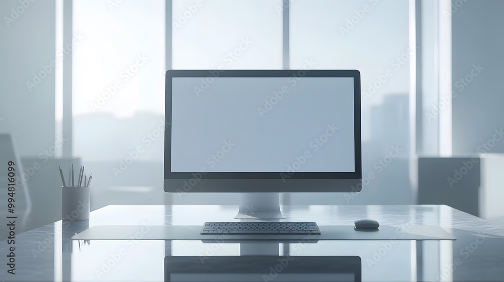 Poster A sleek office setup with just a computer screen and keyboard on a glass desk, photographed in portrait composition to highlight the clean design.