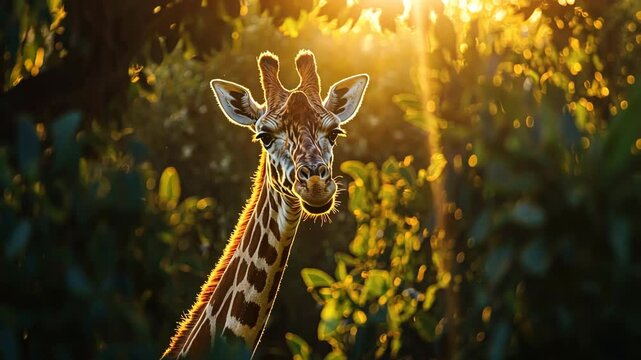 A giraffe stands in a forest, looking directly at the camera in the golden light of the setting sun