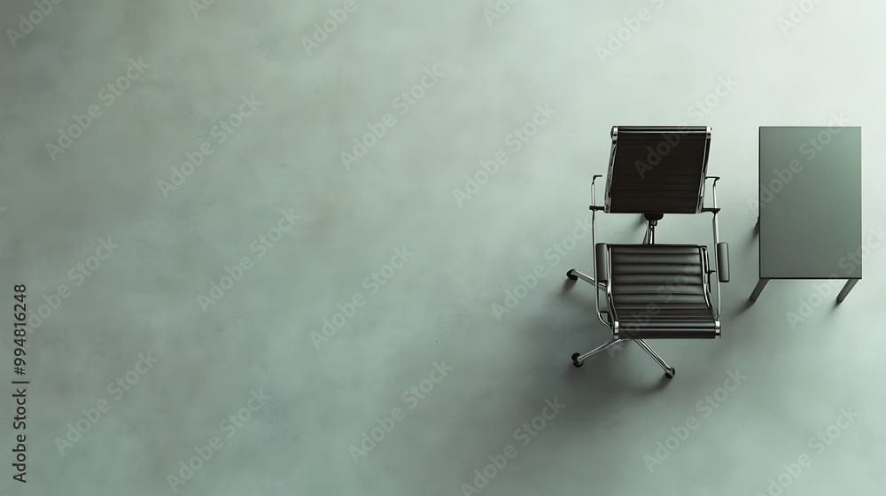 Aufkleber A minimalist office with nothing but a desk and a chair against a blank wall, creating an empty but functional workspace, captured from above.
