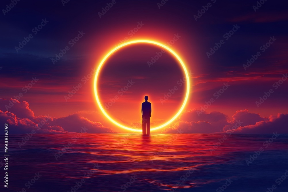 Poster a glowing neon circle set against a tranquil sunset symbolizing infinity modern design and digital c