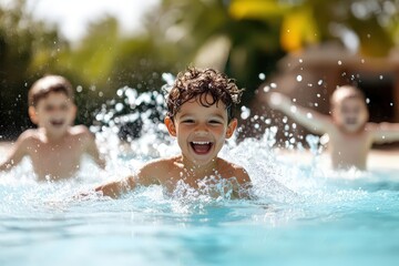 Children splashing in a pool under the sun on a hot Sunday afternoon, Sunday pool fun, carefree childhood