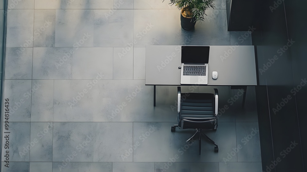 Aufkleber a sleek workspace with a single chair and desk, nothing but a laptop on the desk, photographed from 
