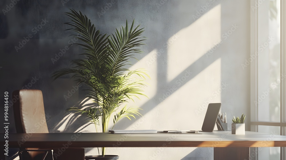 Poster A portrait photo of a minimal office with a large window providing natural light, a single plant on the desk adding a touch of greenery.