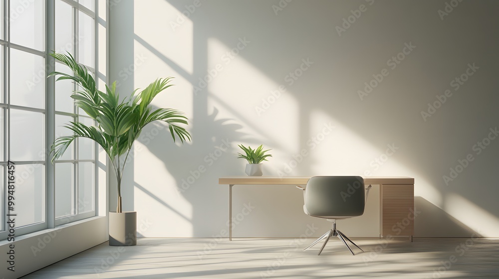 Poster A portrait photo of a minimal office with a large window providing natural light, a single plant on the desk adding a touch of greenery.