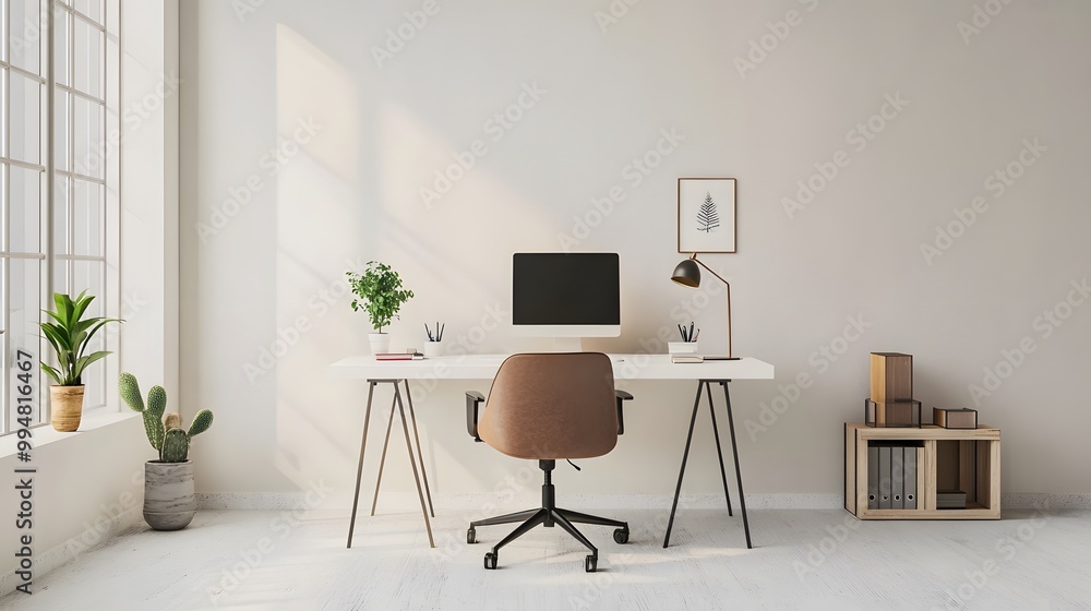 Poster A simple indoor workspace with a white desk and a chair, no clutter or distractions, captured in portrait to emphasize its minimal style.