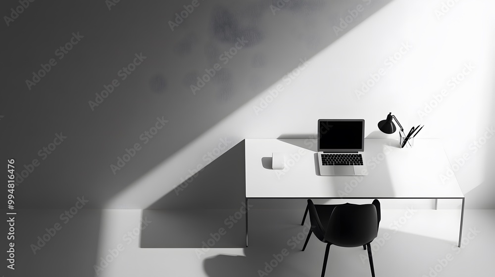Poster a sleek workspace with a single chair and desk, nothing but a laptop on the desk, photographed from 