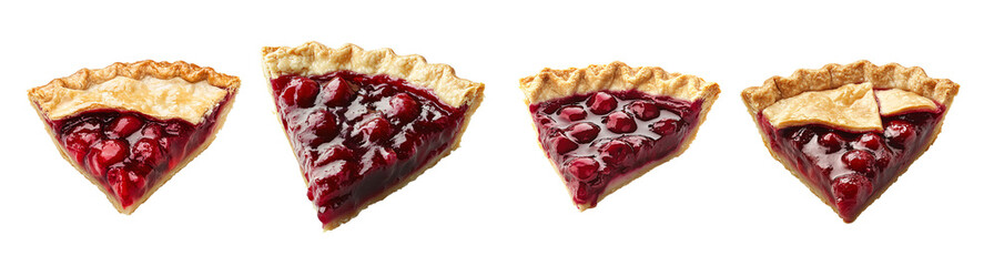 Four slices of cherry pie displaying rich red filling and flaky crust.