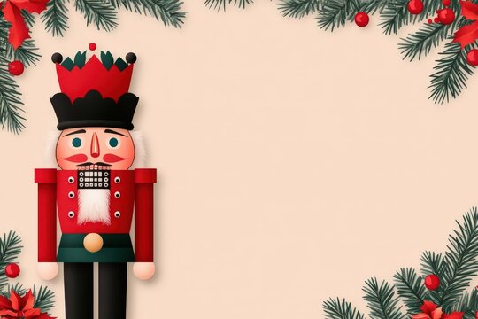 Christmas frame with nutcracker and festive garlands, flat design illustration