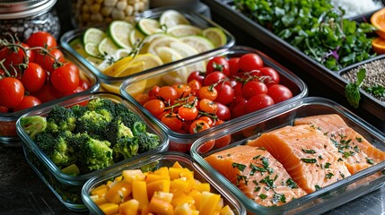 Healthy meal prep containers with chickpeas, chicken, tomatoes, cucumbers and avocados. Healthy lunch in glass containers on beige rustic background. Zero waste concept. Selective focus.