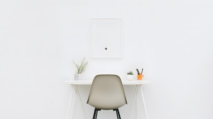A bright, minimalist workspace with a chair and a sleek white desk, devoid of any accessories, captured from a birds-eye perspective.