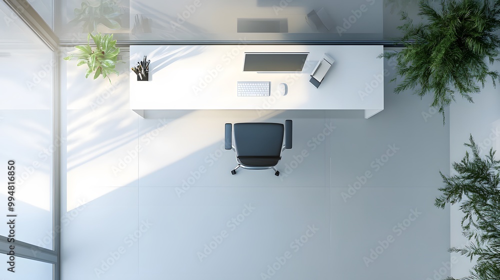 Aufkleber A minimalist workspace with a single chair and a white desk, devoid of clutter, creating a serene and functional indoor setting, captured from above.