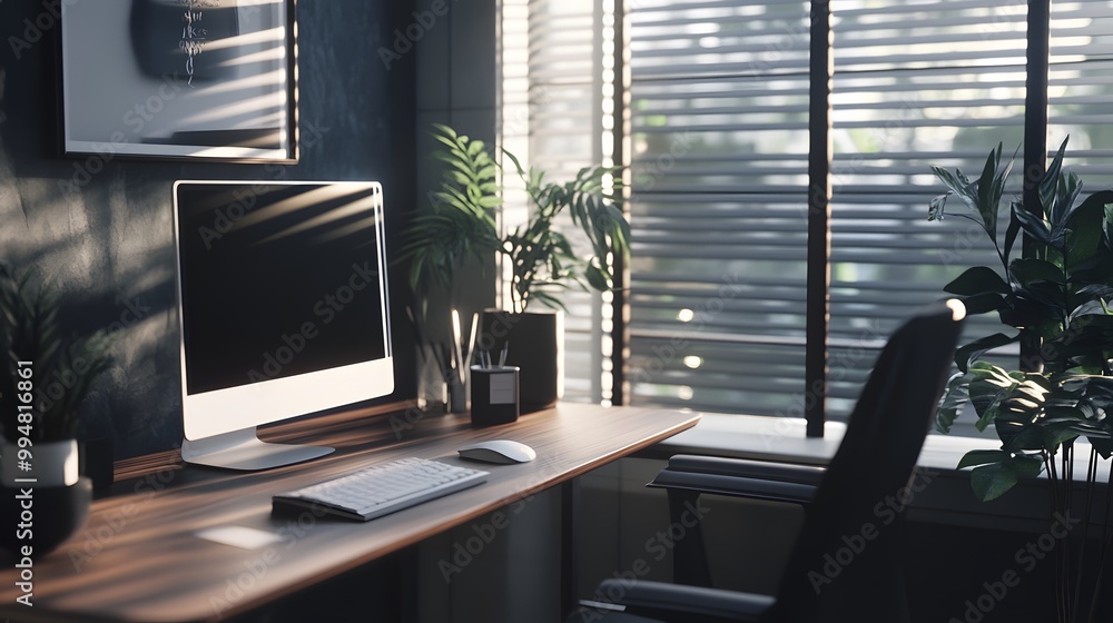 Poster A portrait shot of a sleek office with a single desk, one computer monitor, and natural light streaming through the window, creating a calm and peaceful workspace.