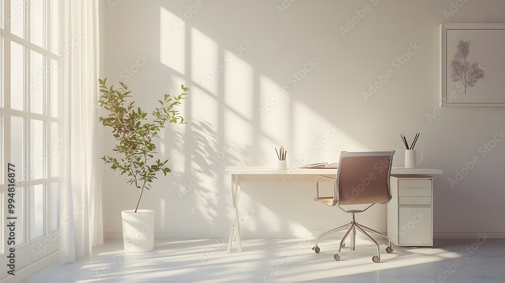 Poster a bright indoor workspace with a single desk and chair, and nothing else in the room, creating an ai