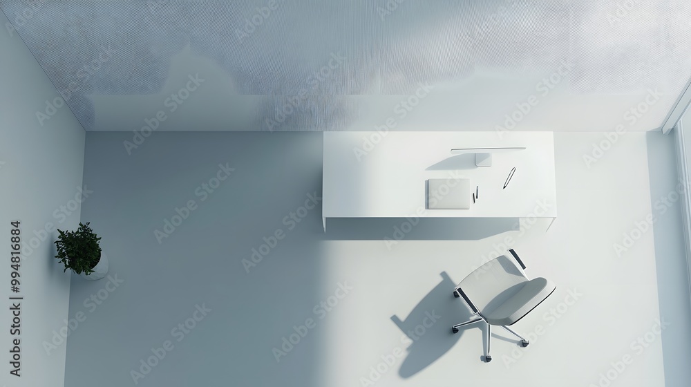 Aufkleber A minimalist workspace with a single chair and a white desk, devoid of clutter, creating a serene and functional indoor setting, captured from above.