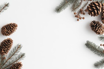 Naklejka premium Christmas-themed frame, pine cones and mistletoe, flat design illustration