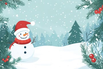 Christmas-themed frame, snowman and winter landscape, flat design illustration