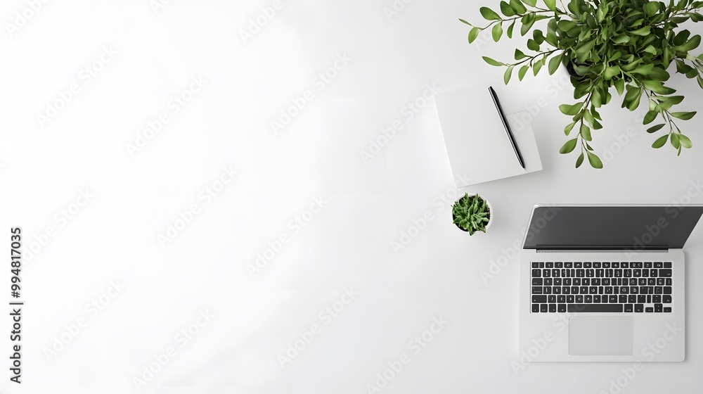 Poster A bright and minimalist workspace with a white desk, a laptop, and a small plant, creating a calm and organized environment, captured from above.