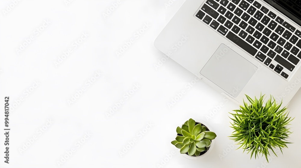 Poster A bright and minimalist workspace with a white desk, a laptop, and a small plant, creating a calm and organized environment, captured from above.