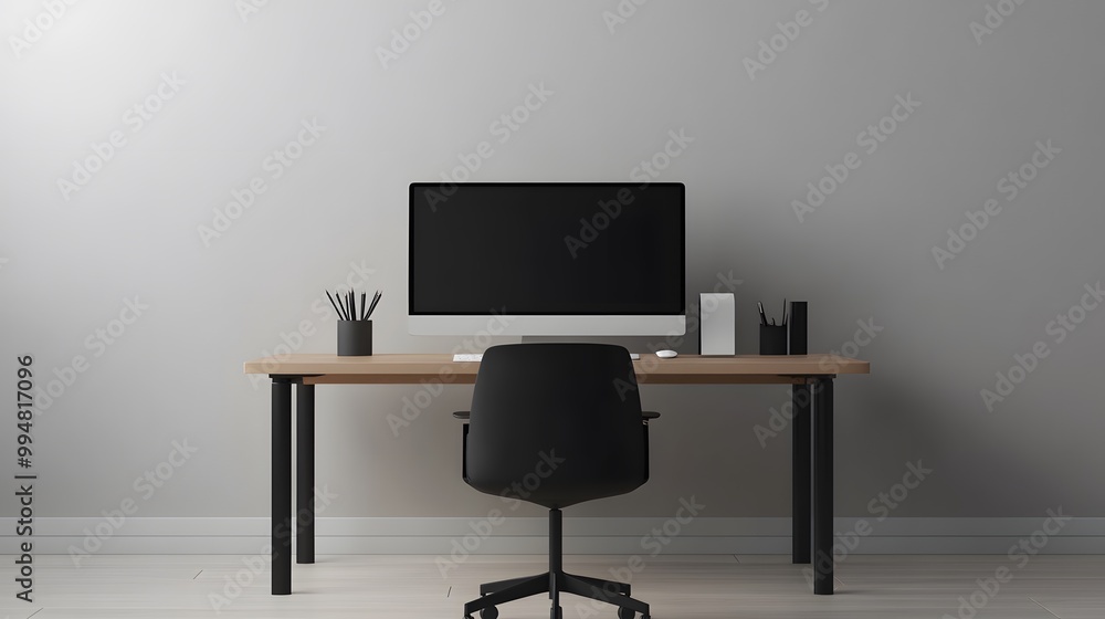 Poster a portrait photo of a simple workspace with just a chair, a desk, and a single monitor, set against 