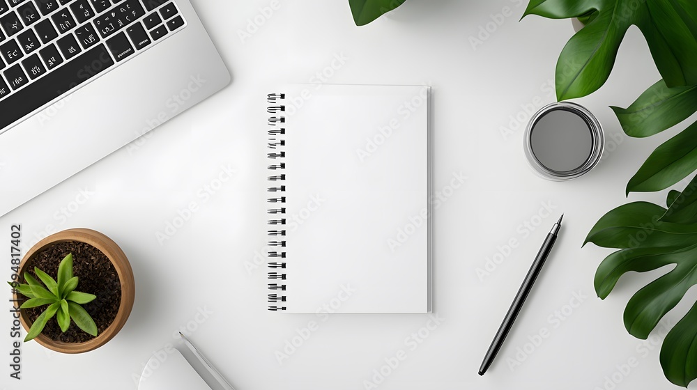 Aufkleber A birds-eye view of a simple desk setup with a notebook, a pen, and a laptop, creating a clean and organized workspace with minimal distractions.