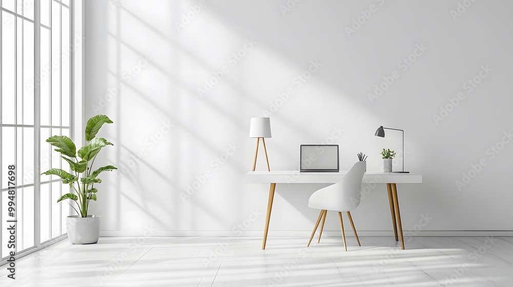 Poster a calm and minimal indoor office setup with just a desk, chair, and lamp, arranged in a clean and sp